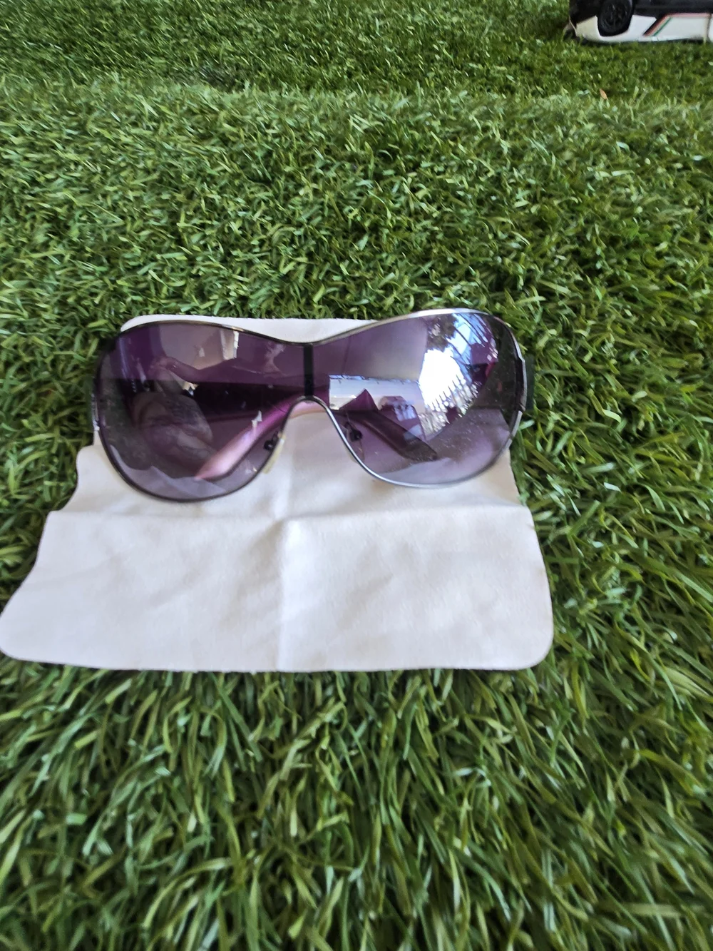 Designer Plaid Sunglasses with Crystal Double-C Logo - Purple Lenses